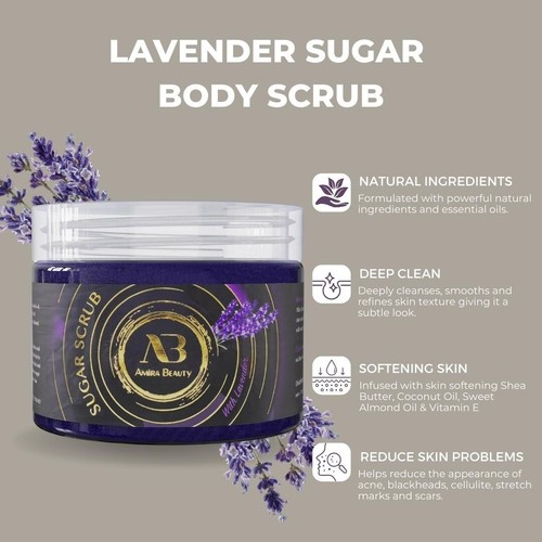 Amira Beauty Lavender Body Sugar Scrub Exfoliating Hydrating Softens Skin 14OZ - Picture 3 of 8