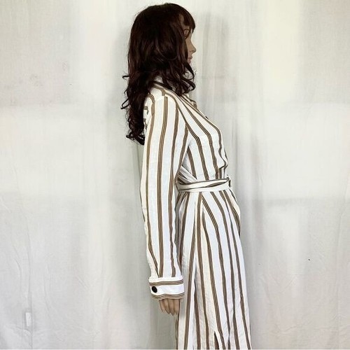 ZARA boho cream tan striped linen buttoned belted collared shirt midi dress S - Picture 5 of 11