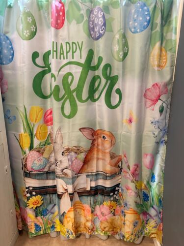 New in pkg Easter shower curtain with rings rabbits eggs chicks