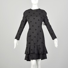 Large 1980s Louis Feraud Dress Grey Flocked Long Sleeve Ruffles VTG 80s