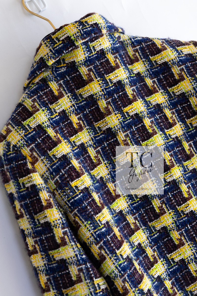 CHANEL 04A Yellow Blue Zipper Wool Cotton Tweed Jacket with Brooch