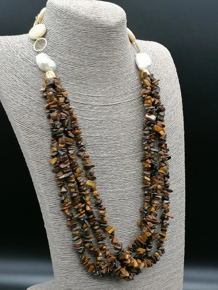 collana marrone da donna in vero occhio di tigre perle bianche barocche  argento - Immagine 3 di 4