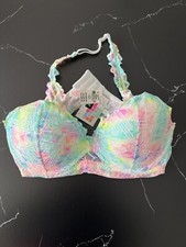 NWT PINK Victoria  s Secret Lace Halter Bra Lined Neon Rainbow Underwire Large