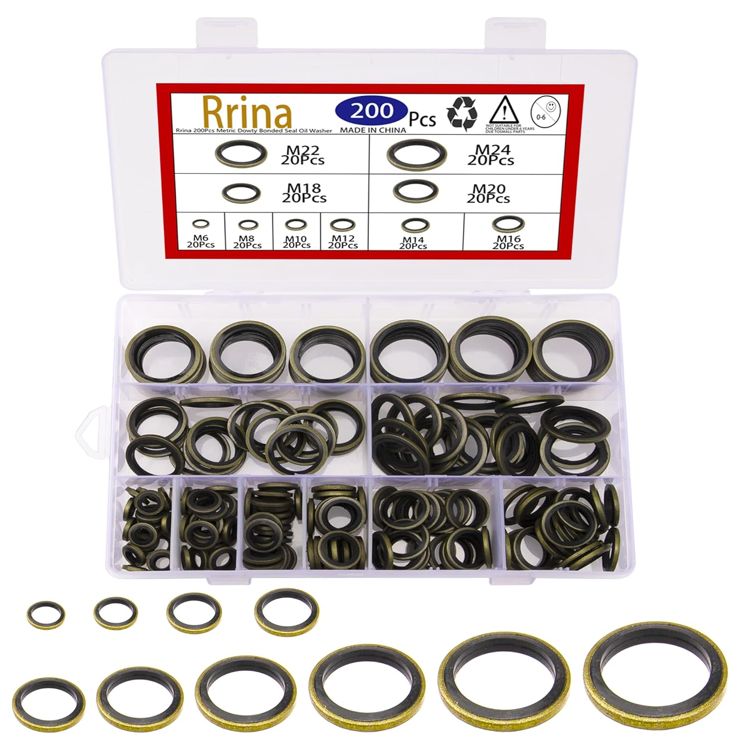 200Pcs Metric Dowty Bonded Seal Oil Washer Assortment Kit, 10 Sizes M6 to M24