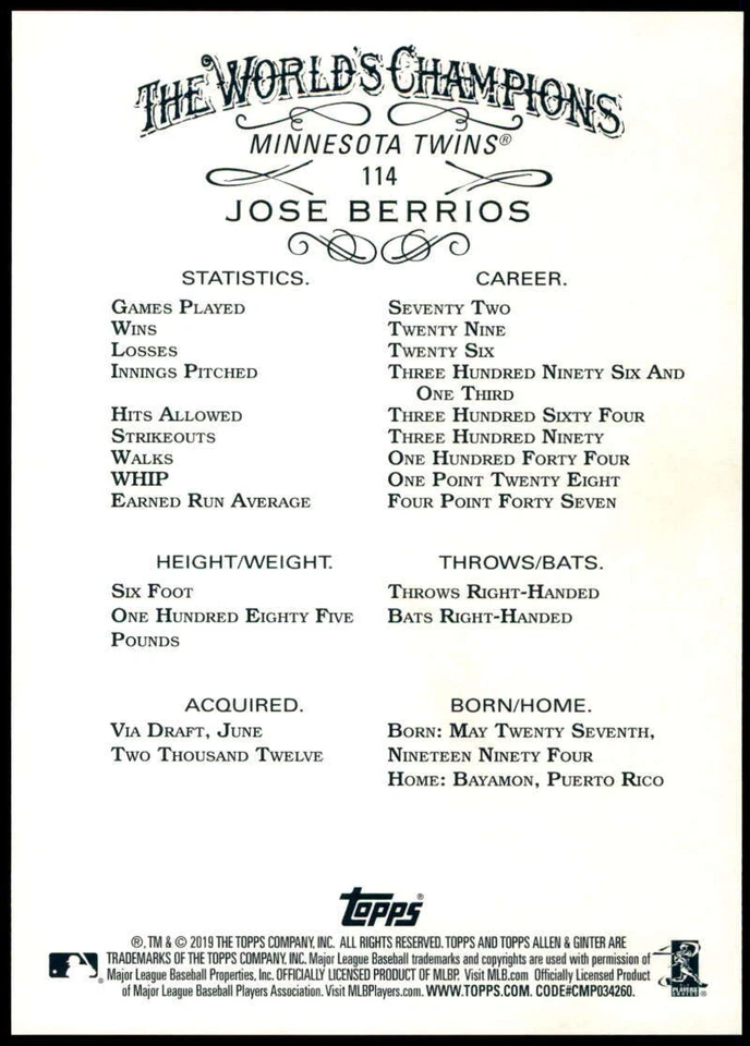 Jose Berrios 2019 Allen and Ginter 5x7 Gold #114 /10 Twins - Image 2 of 2