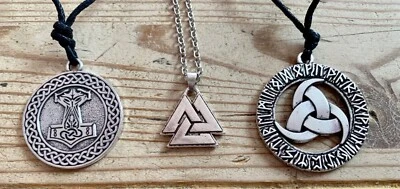 3er Set Anhänger Runenkreis Thorshammer Odinshorn Valknut Kette Wikinger  K31.4 