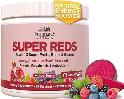 Country Farms Super Reds Mixed Berry Powder Non-GMO Vegan Energy Immunity 7.1 oz