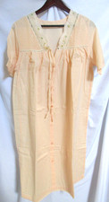 Vintage Cotton Nightgown Peach Button Front Embroidered Cottagecore Sleep Dress
