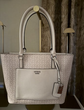 GUESS Beige Logo Tote Double Handles Zip Top Bag Charm Silver Hardware