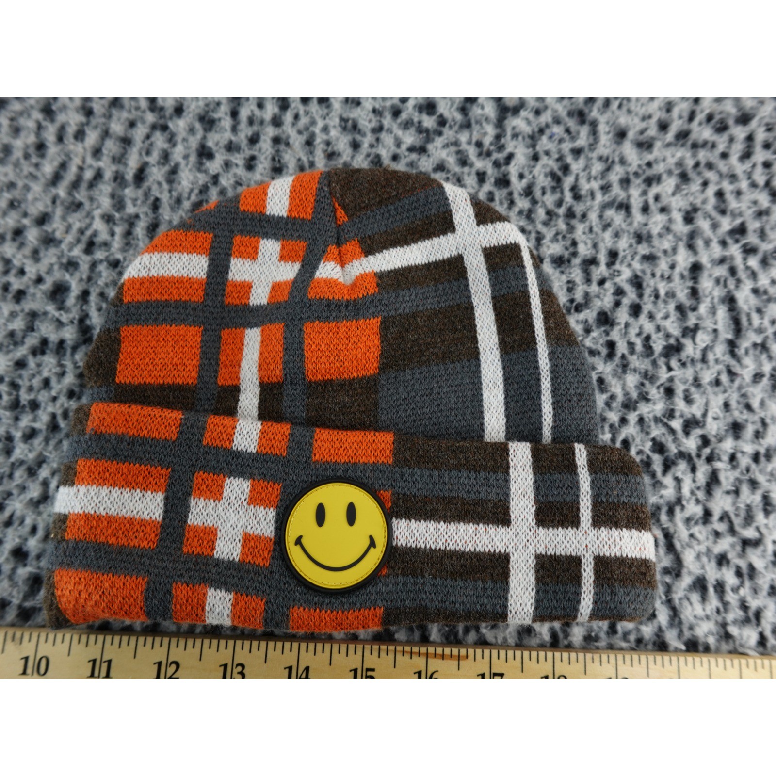 Chinatown Market Smiley Face Plaid Beanie Hat Orange Gray White image 3