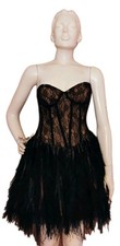 "Jovani" Black Lace Corset-Style Bodice with Black Ostrich Feather Skirt Dress