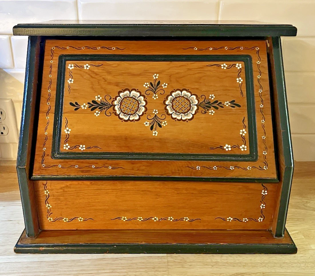 Wooden Vintage Bread Box Hand Painted Folk Art Lift Door Closure 17x13x13”
Opens in a new window or