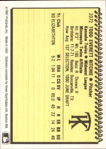 Todd Ritchie 1991 ProCards #2072 RC Kenosha Twins *AutographDen* - Picture 2 of 2