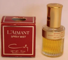 VINTAGE COTY L'AIMANT (.75 OZ.) SPRAY MIST PERFUME BOTTLE w/CONTENT & BOX