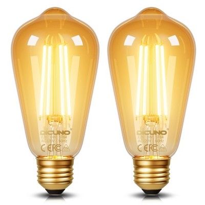 DiCUNO E26 Edison Bulbs 60W, 2200K Amber Warm, 6W 2 Count, Warm 2200k 
