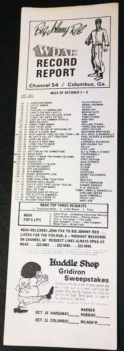 WDAK 54 Columbus GA. Big Johnny Reb Fabulous 54 Survey  10/69 No 1 Elvis Presley