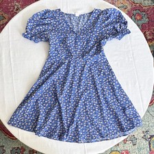 SHEIN teen 12-14y Blue Floral V-Neck Puff Short Sleeve Mini Dress Ruffle