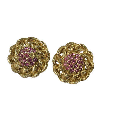 Gold Tone Clip On Earrings Pink Rhinestone Textured Woven Round Floral Pair