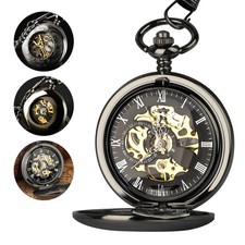 Luxury Men's Pocket Watch Mechanical Skeleton Vintage Steampunk w/ Bronze Chain