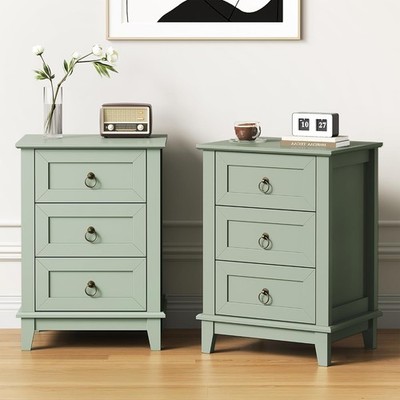 Painted Nightstand Set of 2, Tall Bedside Table with 3 Ders,
