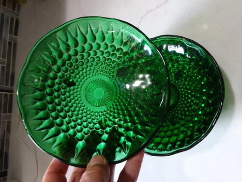 4 VTG Anchor Hocking ? Glass Bowls Burple Forest Green 3-Footed -6 1/4" x 1 1/4"