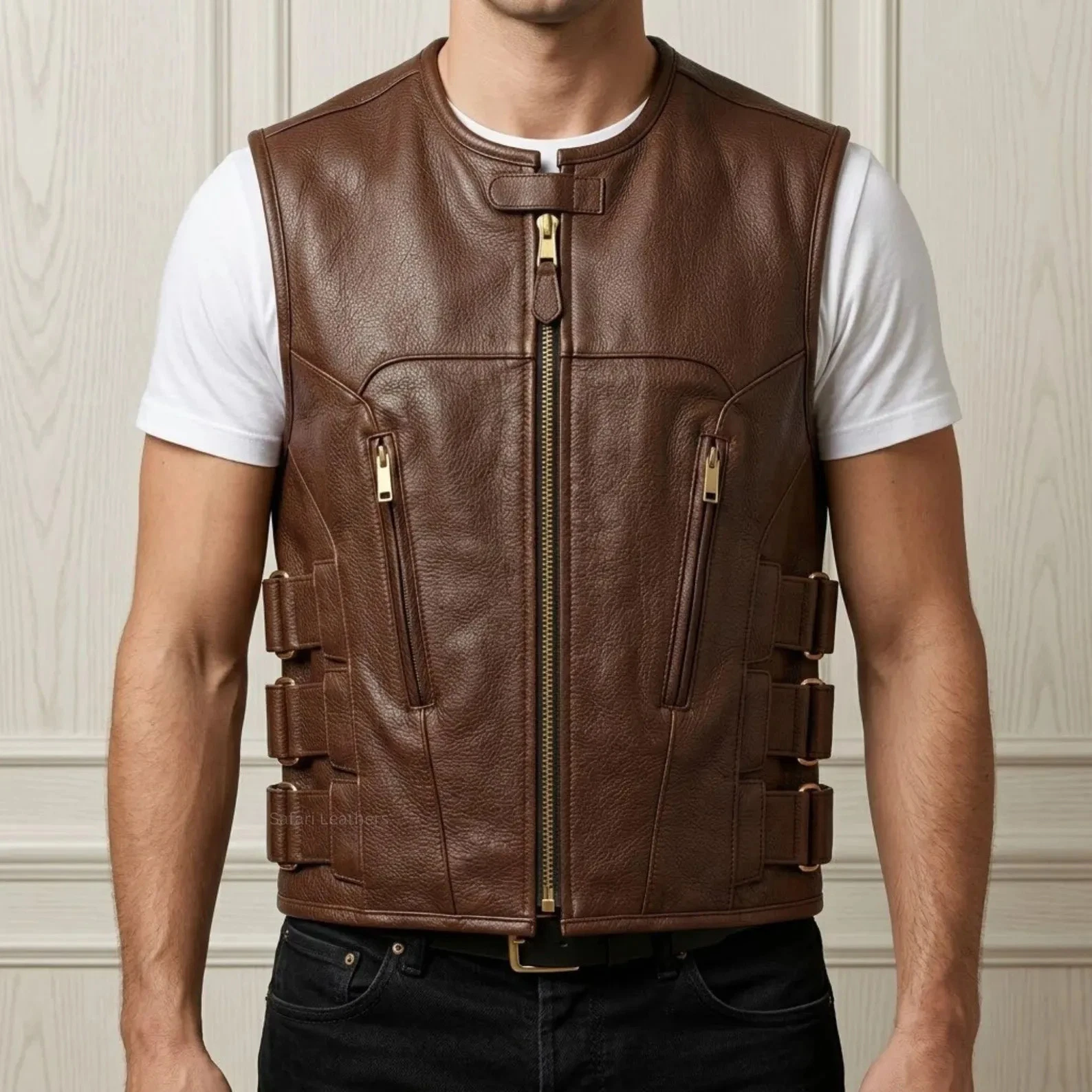 Men’s Premium Brown Leather Vest | Slim Fit Biker Style Sleeveless Vest