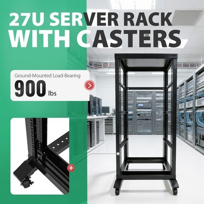 27U 4 Post Open Frame Server Rack Network 22'' Adjustable Depth W/ Casters