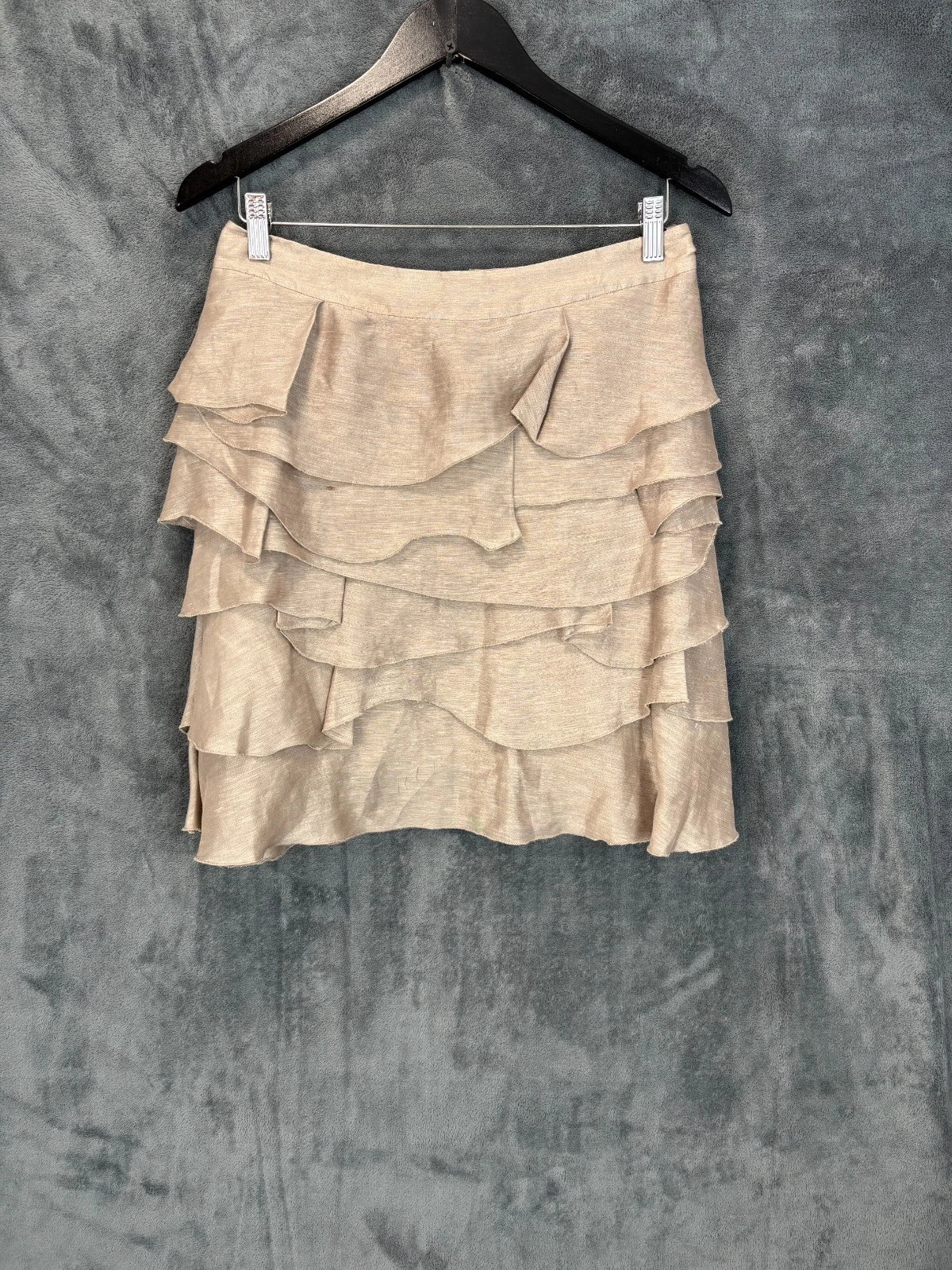 Reiss Skirt Womens UK 8 Beige Oatmeal Tiered Layered Linen Silk Above Knee Boho