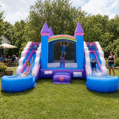 Commercial Inflatable Bounce House Pink Double Water Slide Combo with Blower