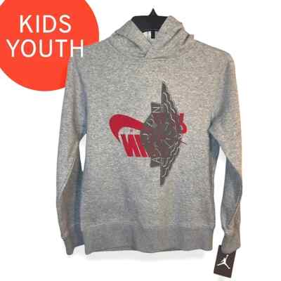 NWT YOUTH Nike Air Jordan Remix Sideways Upside Down Logo Pullover Hoodie  GREY