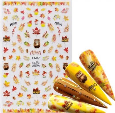 3D Nail Slider AUTUMN Sticker OWL Decals Manicure Nail Art Decoration Leaves