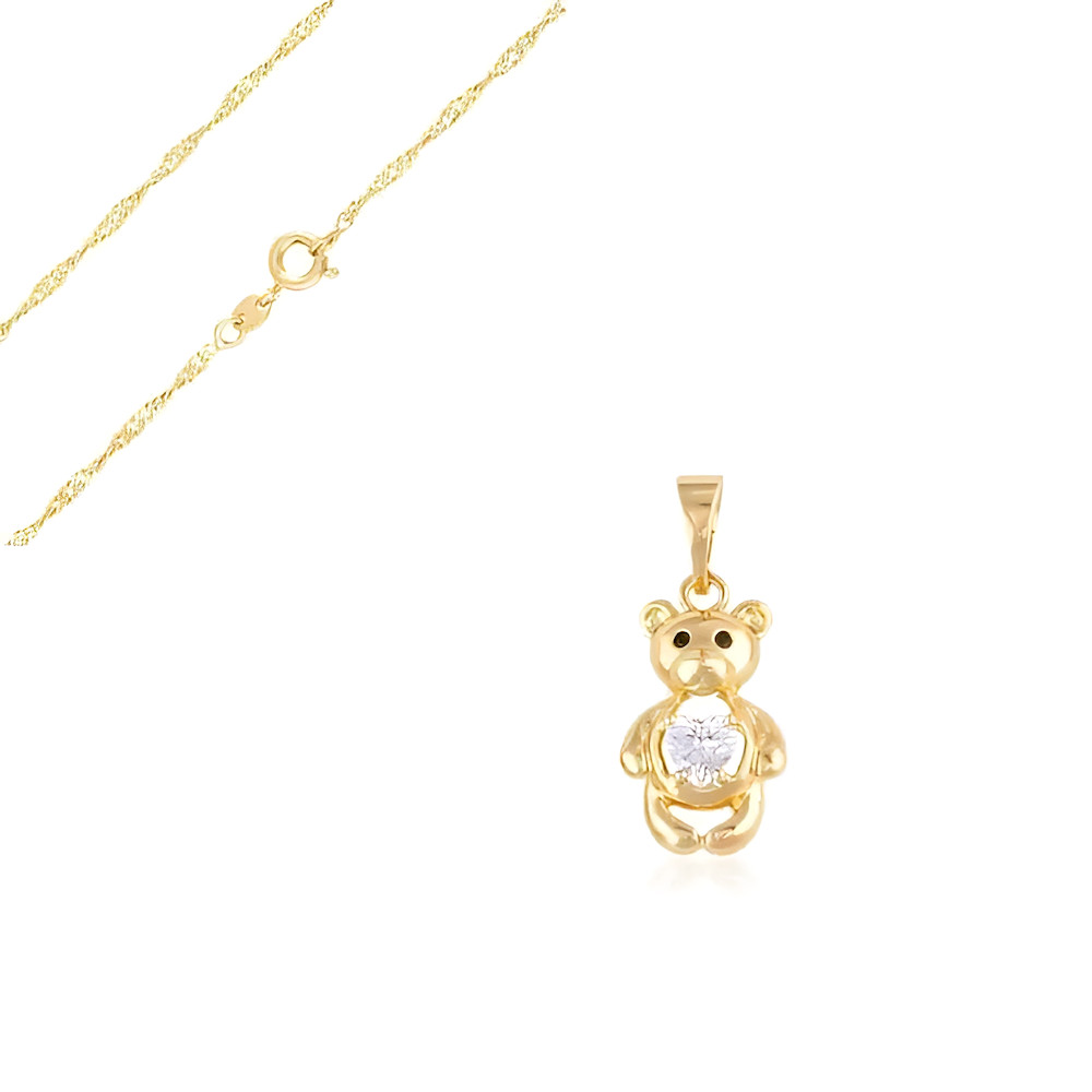 Collier enfant avec pendentif ourson cœur blanc en véritable plaqué or jaune 750/1000