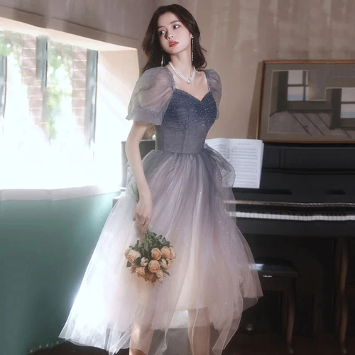 Damen Farbverlauf Netz Kleid Perlen Dekor Puffärmel Abendkleid Prinzessin glänzend - Bild 2 von 13