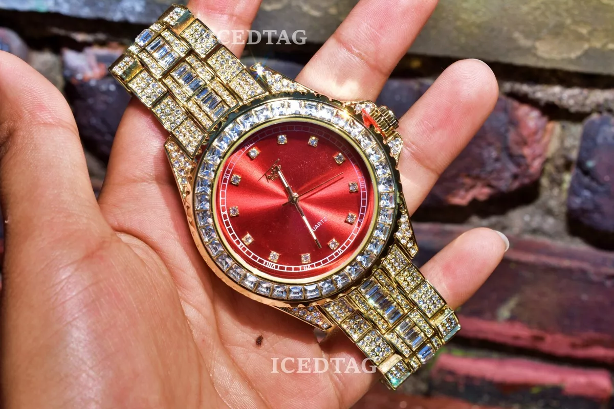 MENS HIP HOP FULL ICED GOLD PT RED LUXURY DIAL BLING ED SIMULATED DIAMOND WATCH