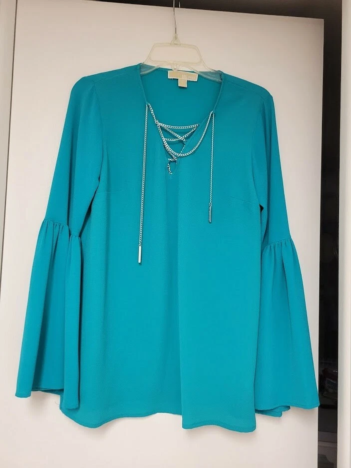Michael Kors Green Chain Lace Up V Neck Bell Sleeve Top Size S
