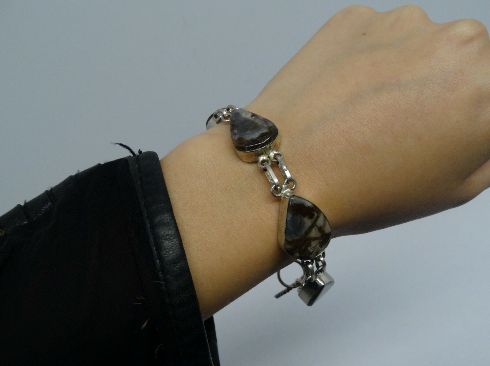 Unique Sterling Silver Stone Link Adjustable Brac… - image 5