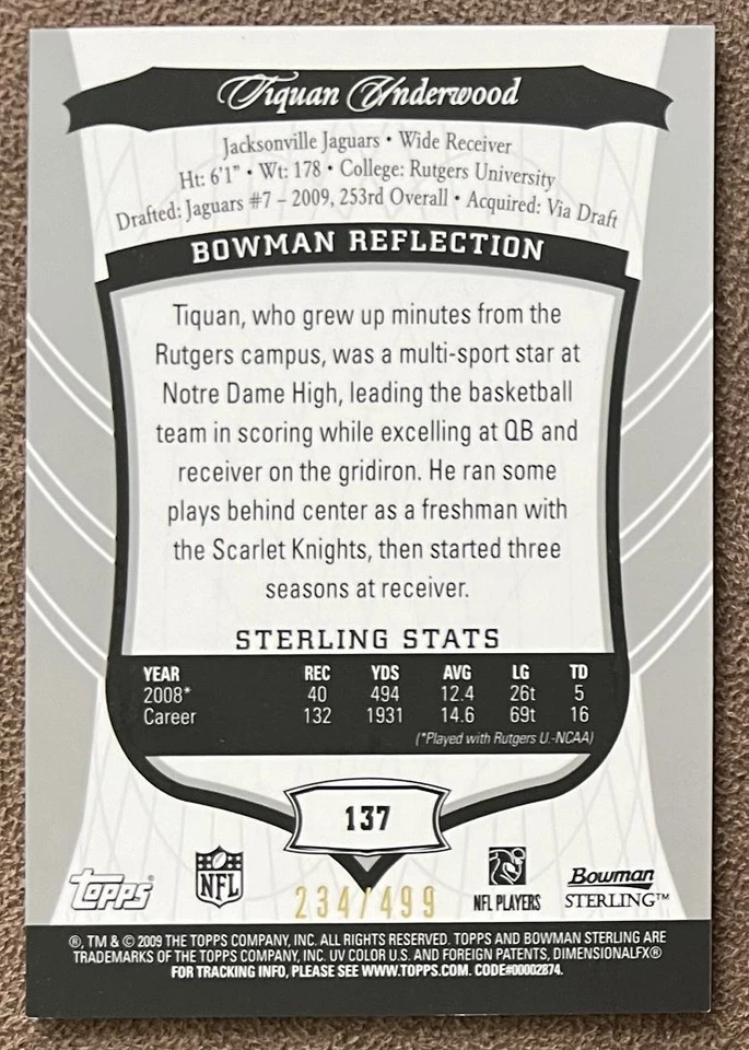 2009 Bowman Sterling Autograph Tiquan Underwood Rookie /499 Jaguars #137 - Image 2 of 2