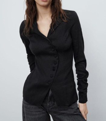 Zara limited edition blouse shirt stretch black linen blouse top black linen