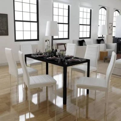 7pcs Dining Furniture Set Glass Top Table Black White Leather