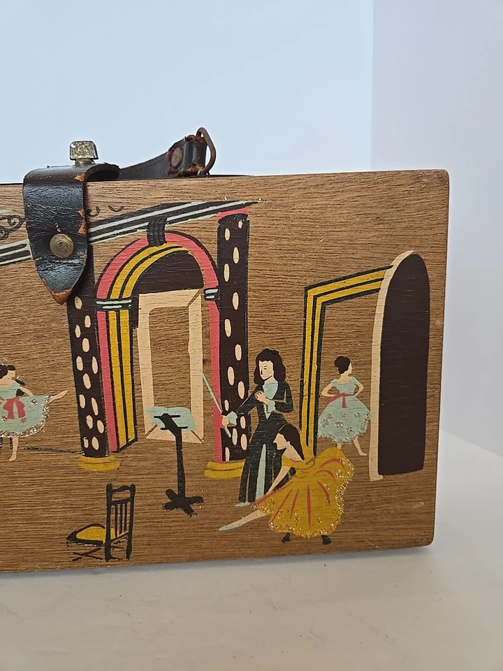 Cartera de madera cola de milano bailarina pintada a mano de colección años 50 con tapa con bisagras caja Foto 3 de 4