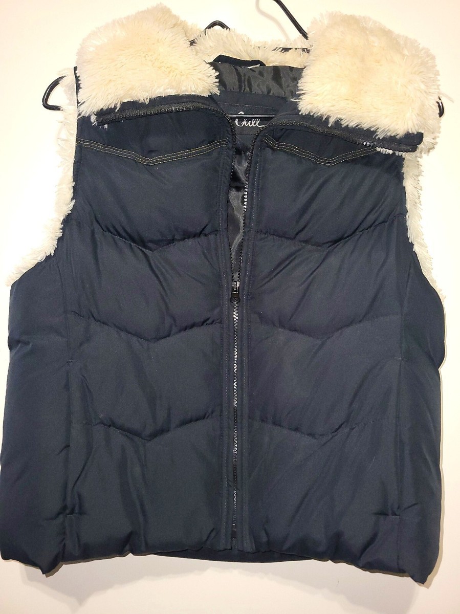 Big Chill Puffer Vest Jacket Black With White Faux Fur Size Medium
