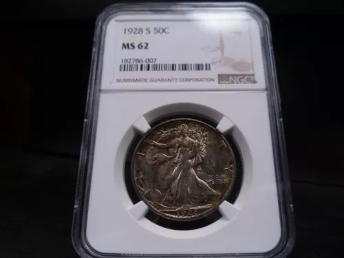 1928-S MS62 Liberty Walking Half Dollar NGC Certified - Toned/Color/Rainbow/PQ