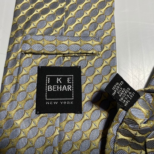 IKE BEHAR Iridescent Gold Lt Blue Geometric Oval Woven Silk Tie USA made - Picture 10 of 11