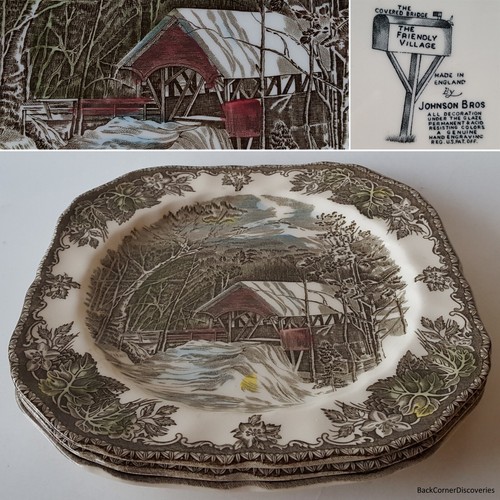 3 Johnson Bros Made in England FRIENDLY VILLAGE Square Salad Plates. Black Stamp - Picture 1 of 11
