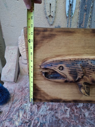 Chainsaw Carved Trout Fly fishing Wall art Wood Carving Fish Rustic Decor Salmon - Picture 17 of 24