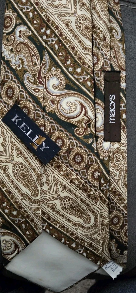 Corbata de cuello 100 % seda marrón/crema/azul cachemira KELLY 1 vintage venta inmobiliaria Foto 2 de 3