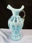 Fenton Blue Opalescent Glass Coin Dot Pitcher Vase 8 1/2" Tall