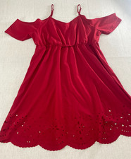 Classic Mini Dress Womens 35 Red Spaghetti Strap Cold Shoulder Eyelet Hem Casual