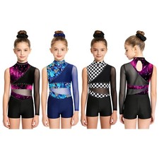 Girls Outfit With Hairtie Dancewear Cheerleading Set Sparkly Costumes Jumpsuit