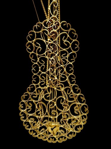 Vintage 80's Victorian Gold Iron Scrollwork Coral Cabochon Violin Wall Art Work - Picture 20 of 23